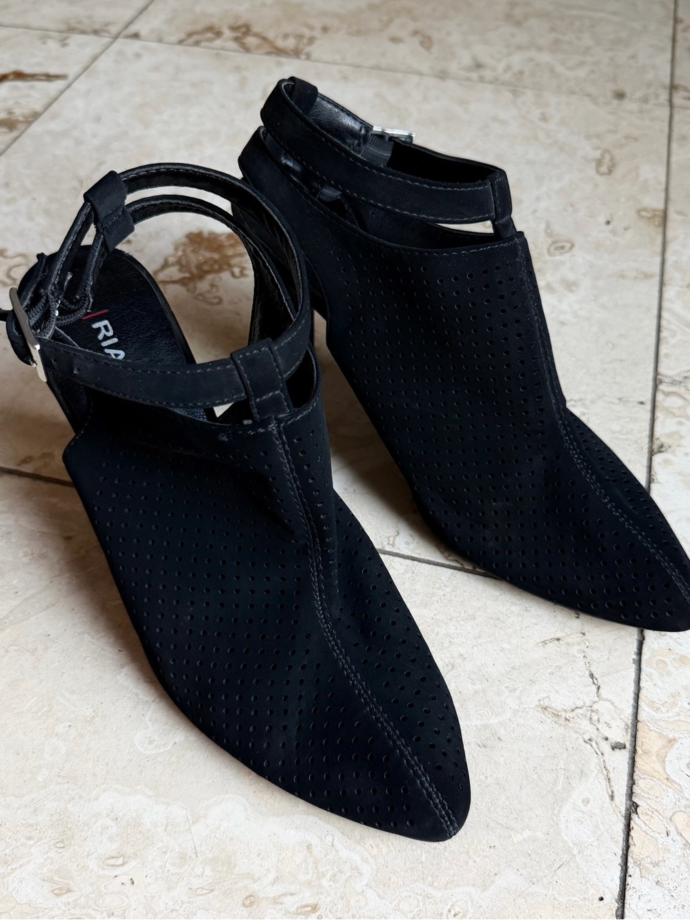 Rialto Black Perforated Pointed-Toe Heels with Ankle Strap